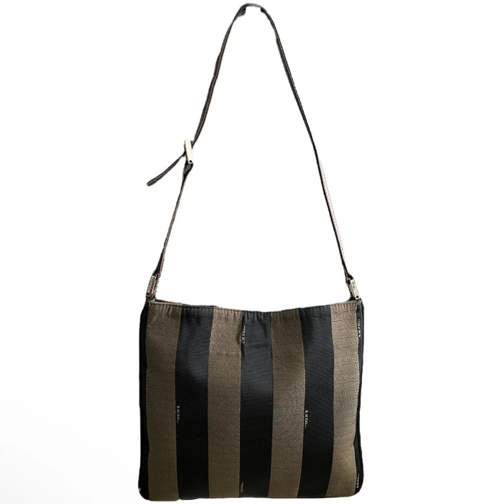 FENDI Vintage Pequin Stripe Crossbody Bag Tobacco Brown Canvas Leather Authentic - Picture 2 of 13